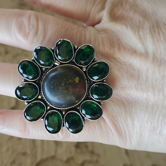 New Stunning Amber & Diopside 925 Silver Statement Ring. - Picture 11 of 15